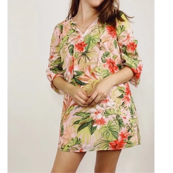 J. Jill Tops - J. Jill Tropical Floral Print Lined Chiffon 3/4 Sleeve Tunic Top XL